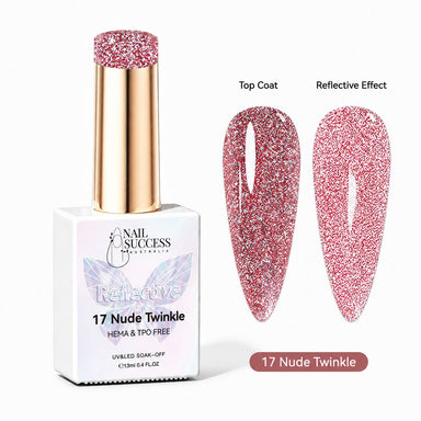 Nude Twinkle HEMA- and TPO-free reflective red glitter gel polish with top coat and reflective nail swatches – Nail Success Australia