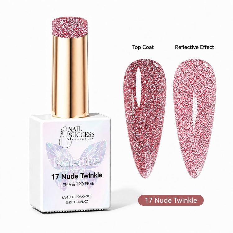 Nude Twinkle HEMA- and TPO-free reflective red glitter gel polish with top coat and reflective nail swatches – Nail Success Australia