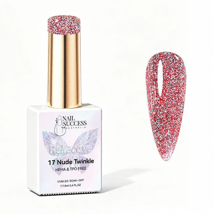 Nude Twinkle HEMA- and TPO-free reflective red glitter gel polish with nail swatch – Nail Success Australia
