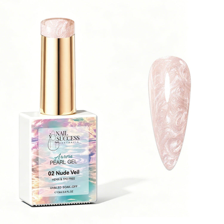 Nude Veil Aurora Pearl Gel Polish with soft nude pearl shimmer swatch and glossy nail finish