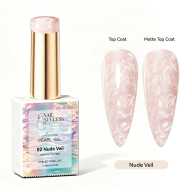 Nude Veil Aurora Pearl Gel Polish with soft nude pearl shimmer swatches in top coat and matte finish