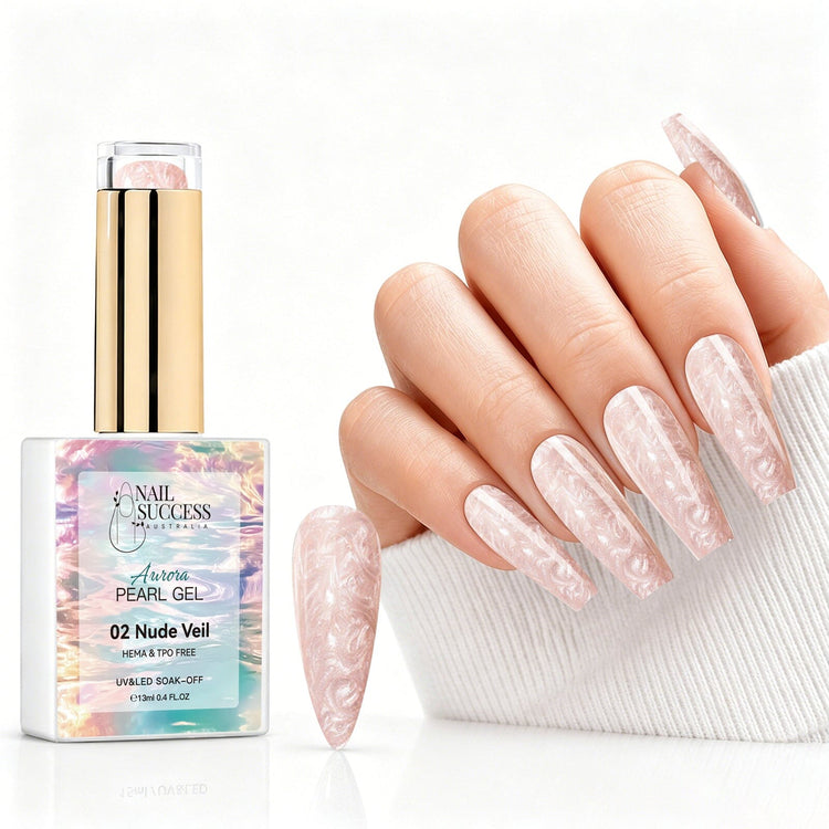 Nude Veil aurora pearl gel polish with soft nude pearl shimmer swatch and matching manicure for HEMA and TPO free salon nails