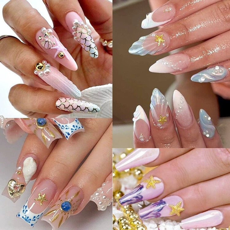 Ocean themed nail art designs with gold starfish charms, pearls, seashell accents and mermaid manicure samples