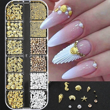 Ocean nail art decoration set with gold seashell charms, starfish, seahorses, pearls, rhinestones and manicure sample