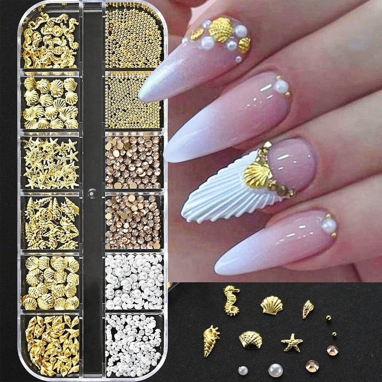 Ocean nail art decoration set with gold seashell charms, starfish, seahorses, pearls, rhinestones and manicure sample