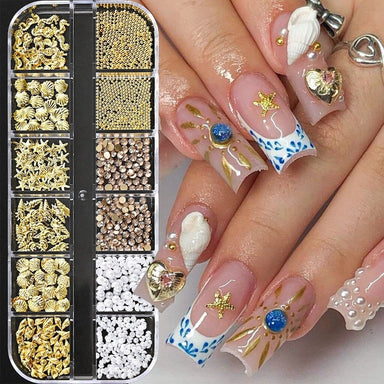 Ocean nail art decoration set with gold seashell charms, starfish, pearls, rhinestones and mermaid manicure sample