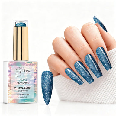 Ocean Steel aurora pearl gel polish with deep blue pearl shimmer swatch and matching manicure for HEMA and TPO free salon nails