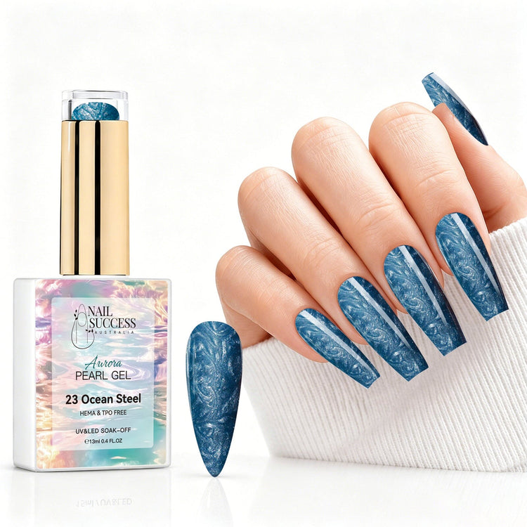 Ocean Steel aurora pearl gel polish with deep blue pearl shimmer swatch and matching manicure for HEMA and TPO free salon nails