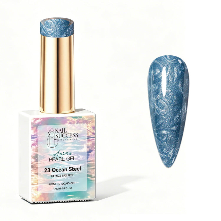 Nail Success Australia Aurora Pearl Gel in Ocean Steel, shown with blue grey pearl shimmer swatch and glossy soak-off gel polish finish