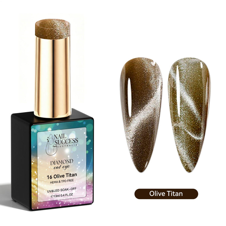 Olive Titan Diamond Cat Eye Gel Polish with olive brown magnetic shimmer swatches and glossy finish