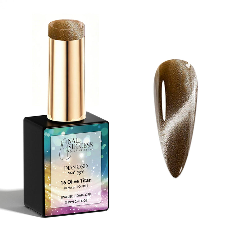 Olive Titan Diamond Cat Eye Gel Polish with olive brown magnetic shimmer swatch and glossy finish