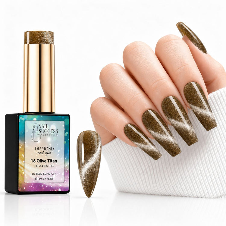 Olive Titan HEMA- and TPO-free Diamond Cat Eye Gel Polish with matching magnetic manicure and nail swatch – Nail Success Australia