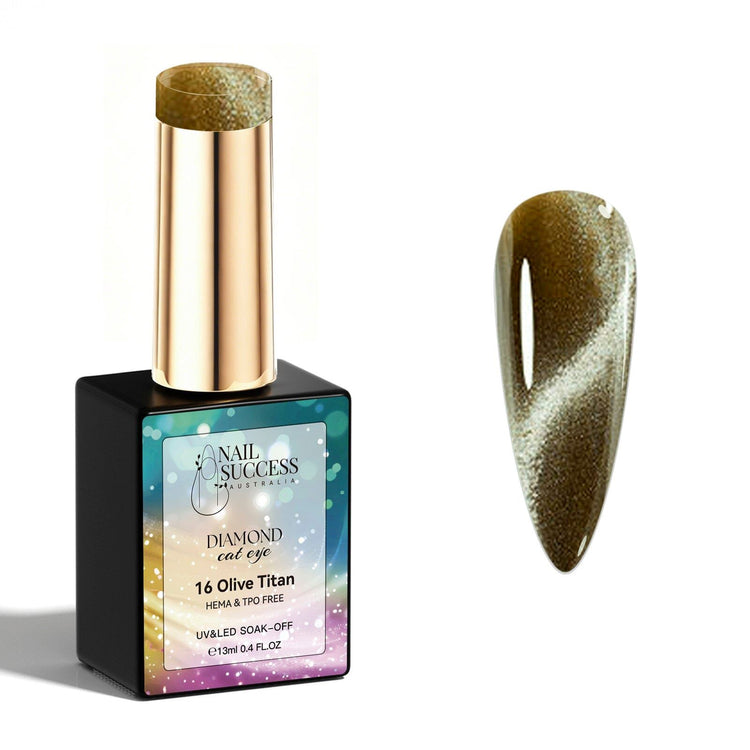 Olive Titan Diamond Cat Eye Gel Polish with olive brown magnetic shimmer swatch and glossy finish