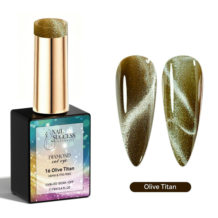 Olive Titan Diamond Cat Eye Gel Polish with olive brown magnetic shimmer swatches and glossy finish