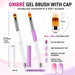 White and light purple ombré gel brushes with 6 × 14 mm feathered nylon bristles, crystal-filled handles and matching protective caps.
