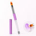 Light purple ombré gel brush with feathered bristles, crystal-filled handle and matching cap, shown blending purple and white on a nail.
