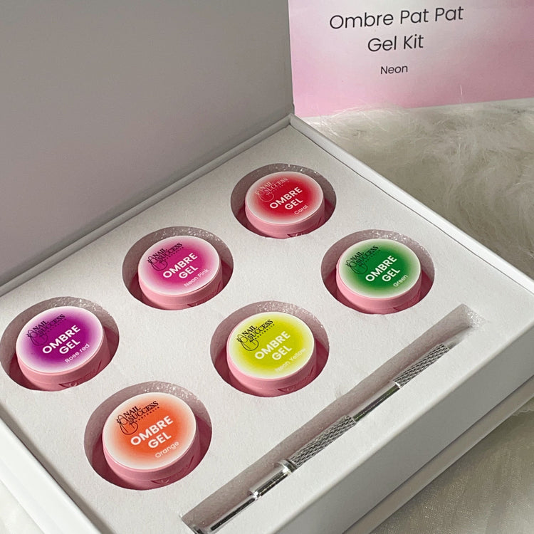 Nail Success Australia Ombre Pat Pat Gel Kit Neon in box with ombre gels (Rose Red, Neon Pink, Coral, Orange, Neon Yellow, Green) and nail art tool