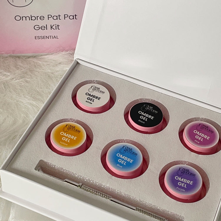 Nail Success Australia Ombre Pat Pat Gel Kit Essential in box with ombre gels (White, Black, Yellow, Pink, Blue, Purple) and nail art tool