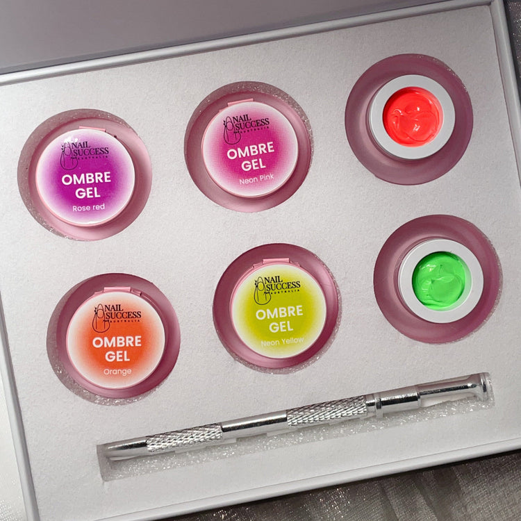 Nail Success Australia Ombre Pat Pat Gel Kit Neon with ombre gels (Rose Red, Neon Pink, Orange, Neon Yellow) plus nail art tool in box
