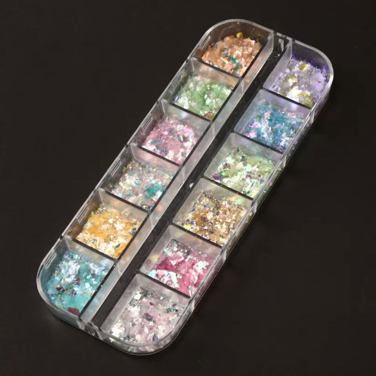 Opal aurora iridescent nail art flakes 12 colours nail art NSI Australia