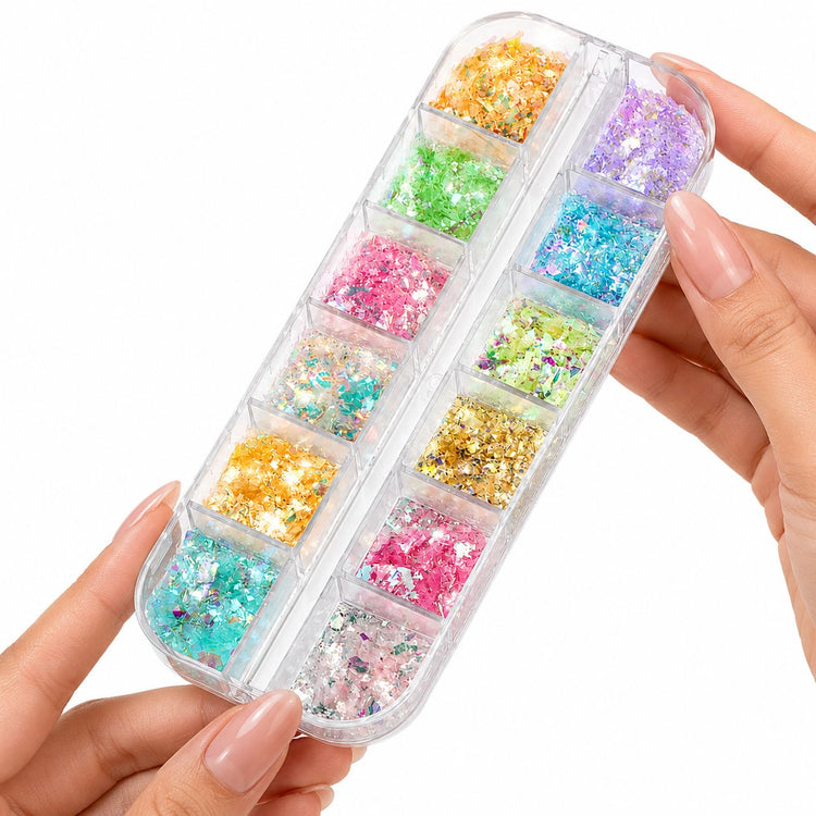 Opal Aurora iridescent nail art flakes in 12 assorted colours with clear organiser case