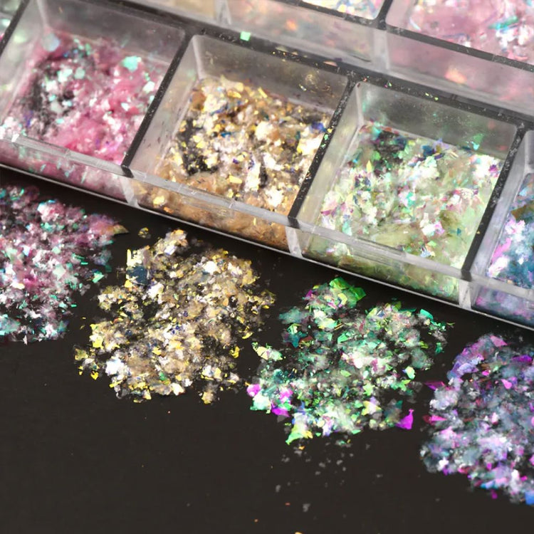 Opal aurora iridescent nail art flakes 12 colours nail art NSI Australia