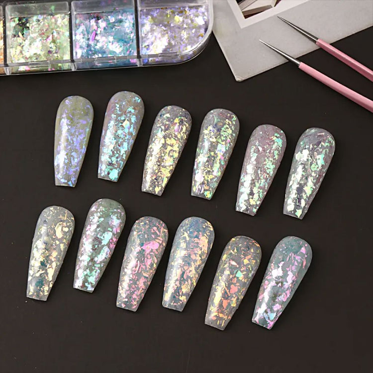 Opal aurora iridescent nail art flakes 12 colours nail art NSI Australia