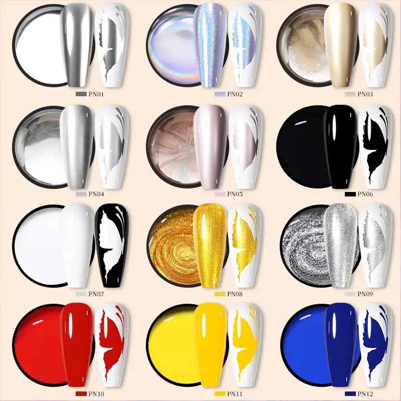 Painting gel color chart PN01–PN12 with nail swatches and pots—chrome, pearl, black, white, gold, glitter, red, yellow, blue