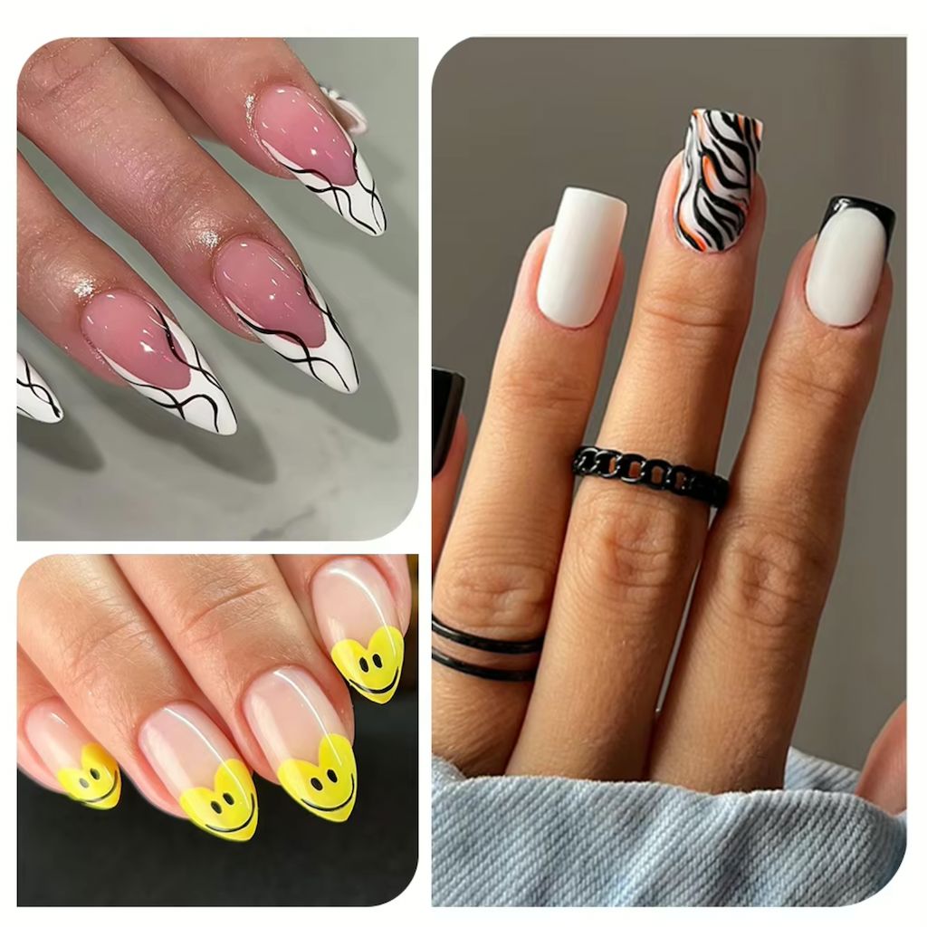Nail art inspiration collage featuring nude French tips with black swirl lines, yellow smiley face French tips, and black-white zebra gel nails