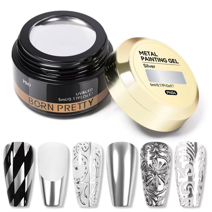 Born Pretty Metal Painting Gel PN01 Super Silver 5ml, chrome mirror silver nail art gel in jar with lid and metallic design swatch tips