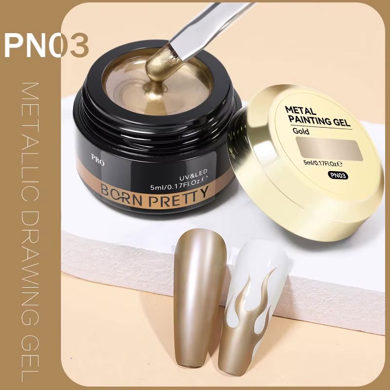 Born Pretty PN03 metallic gold painting gel pot with brush, lid label, and gold nail swatches for metallic drawing nail art