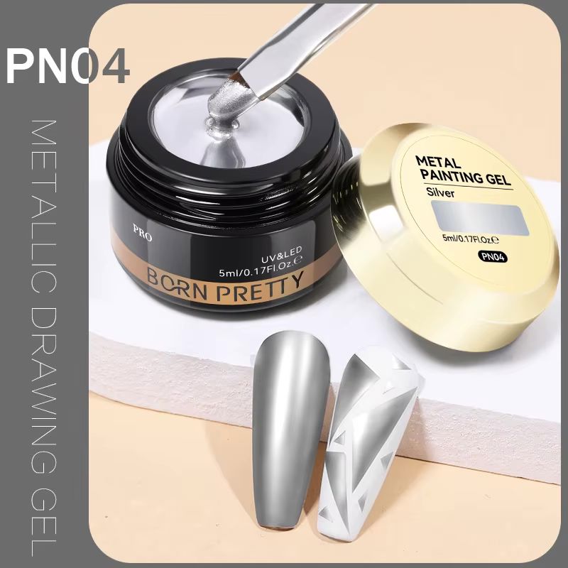Born Pretty metal painting gel PN04 silver, metallic drawing gel jar with lid, brush application and chrome nail swatch tips