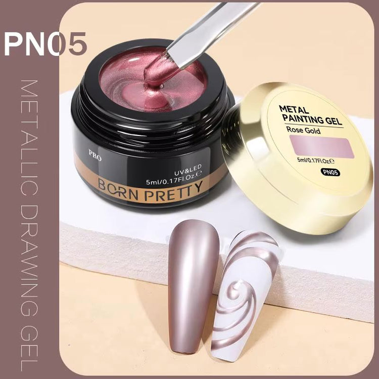 LED nail art drawing gel pot with brush and chrome swirl nail swatches