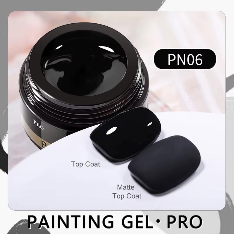 Born Pretty Painting Gel Pro PN06 Piano Black, black nail art gel in jar with glossy and matte top coat swatch tips