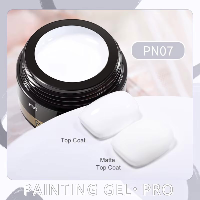 Born Pretty Painting Gel Pro PN07 piano white nail art gel pot with glossy top coat and matte top coat swatches