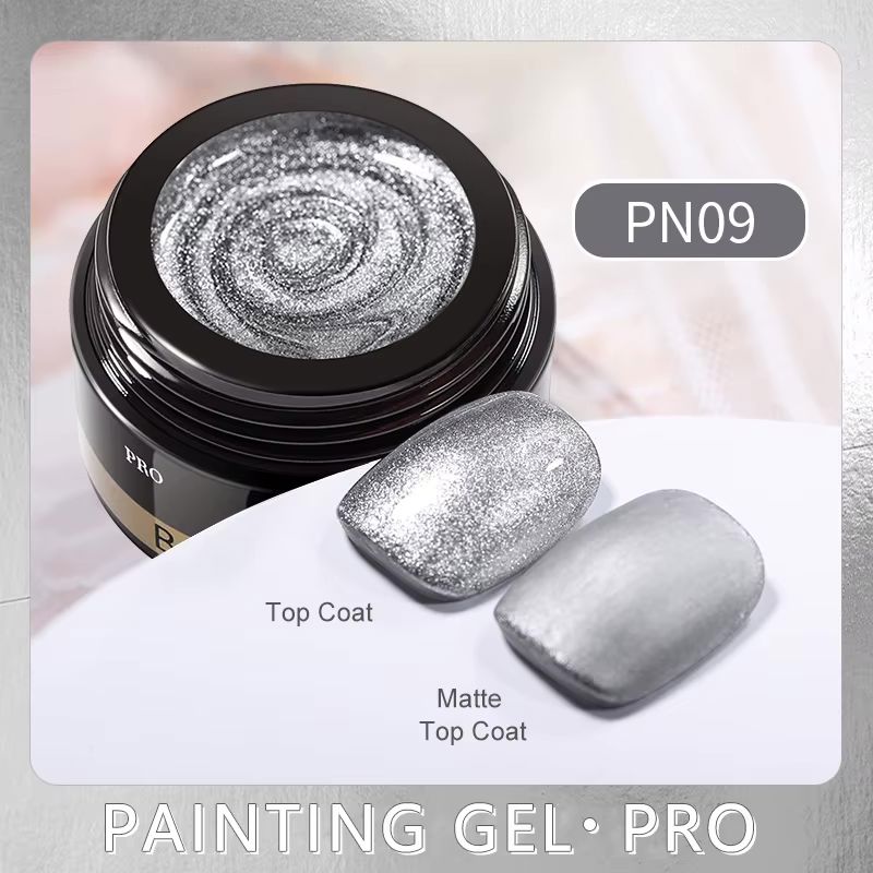 PN09 classic silver painting gel pro pot with silver nail swatches showing top coat vs matte finish