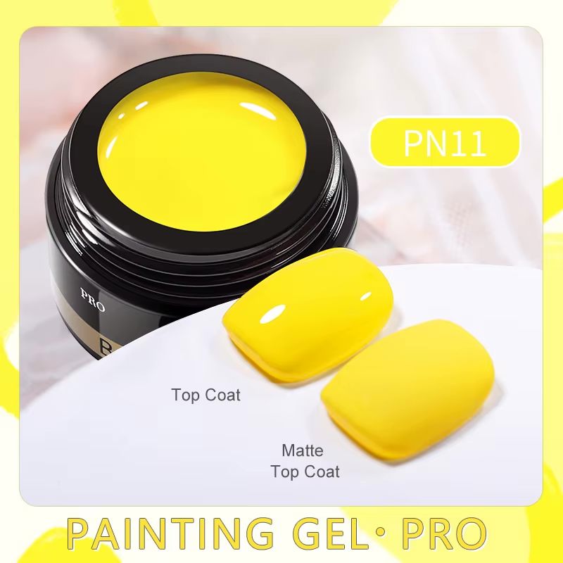 PN11 yellow painting gel pro pot with bright yellow nail swatches showing glossy top coat vs matte finish
