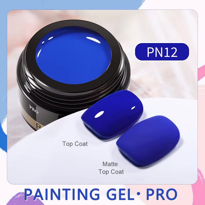 Born Pretty Painting Gel Pro PN12 Klein Blue – highly pigmented blue nail art gel with glossy and matte swatch tips