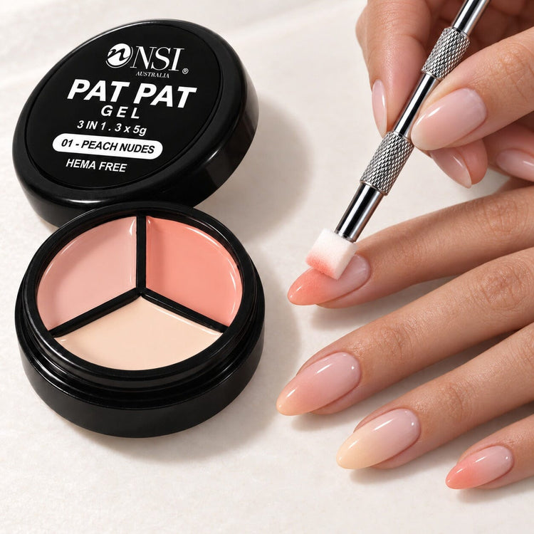 Pat Pat Gel 3 Colour - 01 Peach Nudes kit: mini palette, claw tool and cube sponge patting peach nude ombre onto almond nails