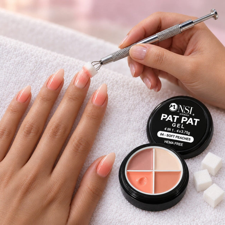 Nail tech patting soft peach ombre onto a client's nails with the 4 Colour - 04 Soft Peaches Pat Pat Gel and a cube sponge in the claw tool