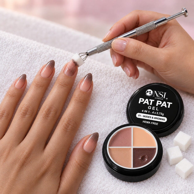 Nail tech patting nude and brown ombre onto a client's nails with the 4 Colour - 01 Nudes & Browns Pat Pat Gel and a cube sponge in the claw tool
