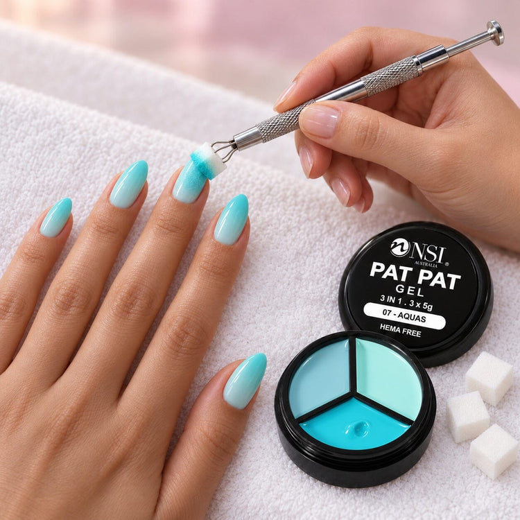 Nail tech patting aqua ombre onto a client's nails with the 3 Colour - 07 Aquas Pat Pat Gel and a cube sponge in the claw tool