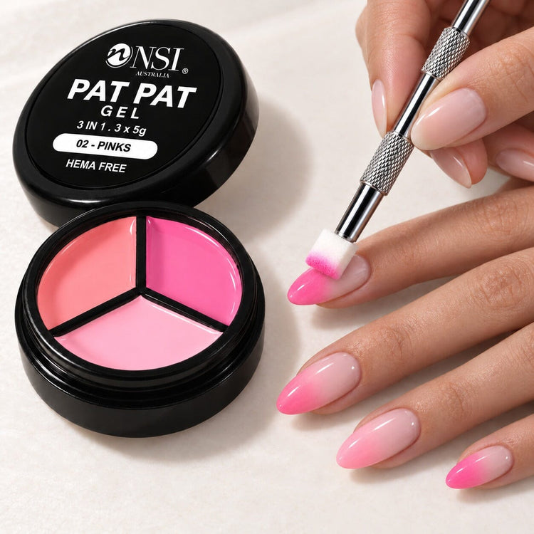 Pat Pat Gel 3 Colour - 02 Pinks kit: mini palette, claw tool and cube sponge patting pink ombre onto almond nails