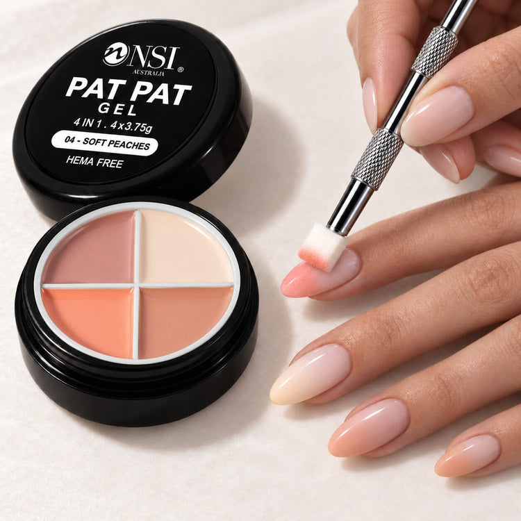 Pat Pat Gel 4 Colour - 04 Soft Peaches kit: mini palette, claw tool and cube sponge patting soft peach ombre onto almond nails