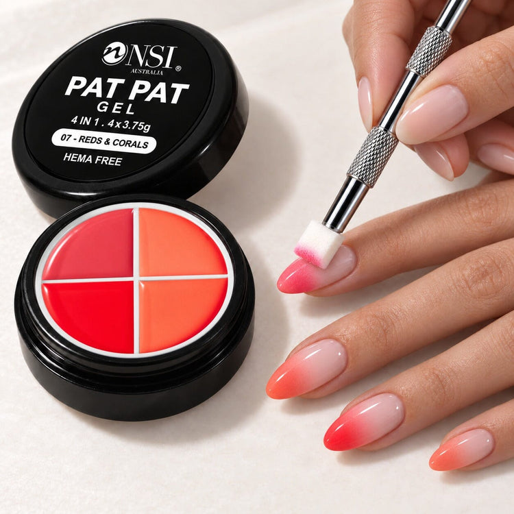 Pat Pat Gel 4 Colour - 07 Reds & Corals kit: mini palette, claw tool and cube sponge patting red and coral ombre onto almond nails
