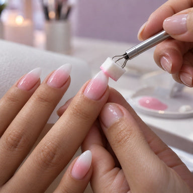Nail tech patting blush pink gel onto an almond nail with a cube sponge held in a claw grabber tool