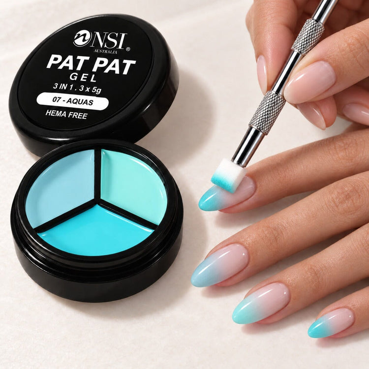 Pat Pat Gel 3 Colour - 07 Aquas kit: mini palette, claw tool and cube sponge patting aqua ombre onto almond nails