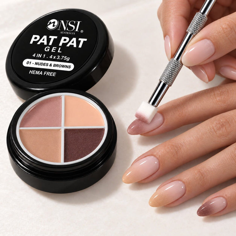 Pat Pat Gel 4 Colour - 01 Nudes & Browns kit: mini palette, claw tool and cube sponge patting nude and brown ombre onto almond nails