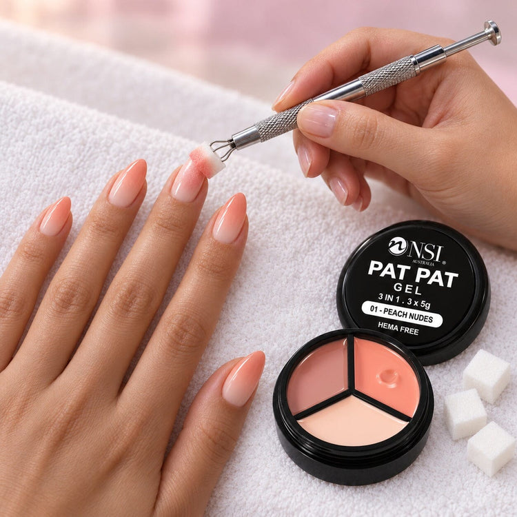 Nail tech using the 3 Colour - 01 Peach Nudes Pat Pat Gel kit, patting peach nude ombre onto a client's nails with a cube sponge in the claw tool