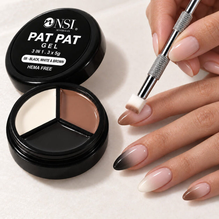 Pat Pat Gel 3 Colour - 08 Black, White & Brown kit: mini palette, claw tool and cube sponge patting black, white and brown ombre onto almond nails
